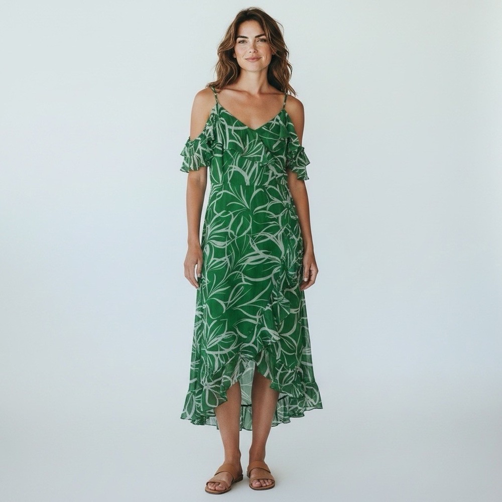 London Times Green White Abstract V-Neck Chiffon Ruffle Midi Slip Dress Size 10P - Picture 2 of 8